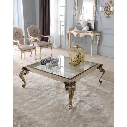 Tavolino quadrato 3629 in legno con intarsi in foglia oro e top in vetro trasparente di Silvano Grifoni
