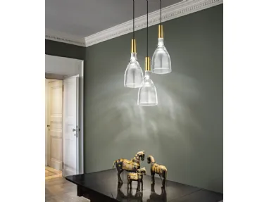 Lampada a sospensione classica in vetro a forma di bicchiere rovesciato con finitura in metallo color oro lucido Scintilla di Vistosi