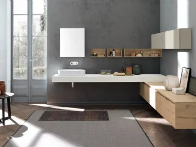 Mobile da Bagno M2 System C216 in melaminico effetto legno con top in ecomalta Bianca di Baxar