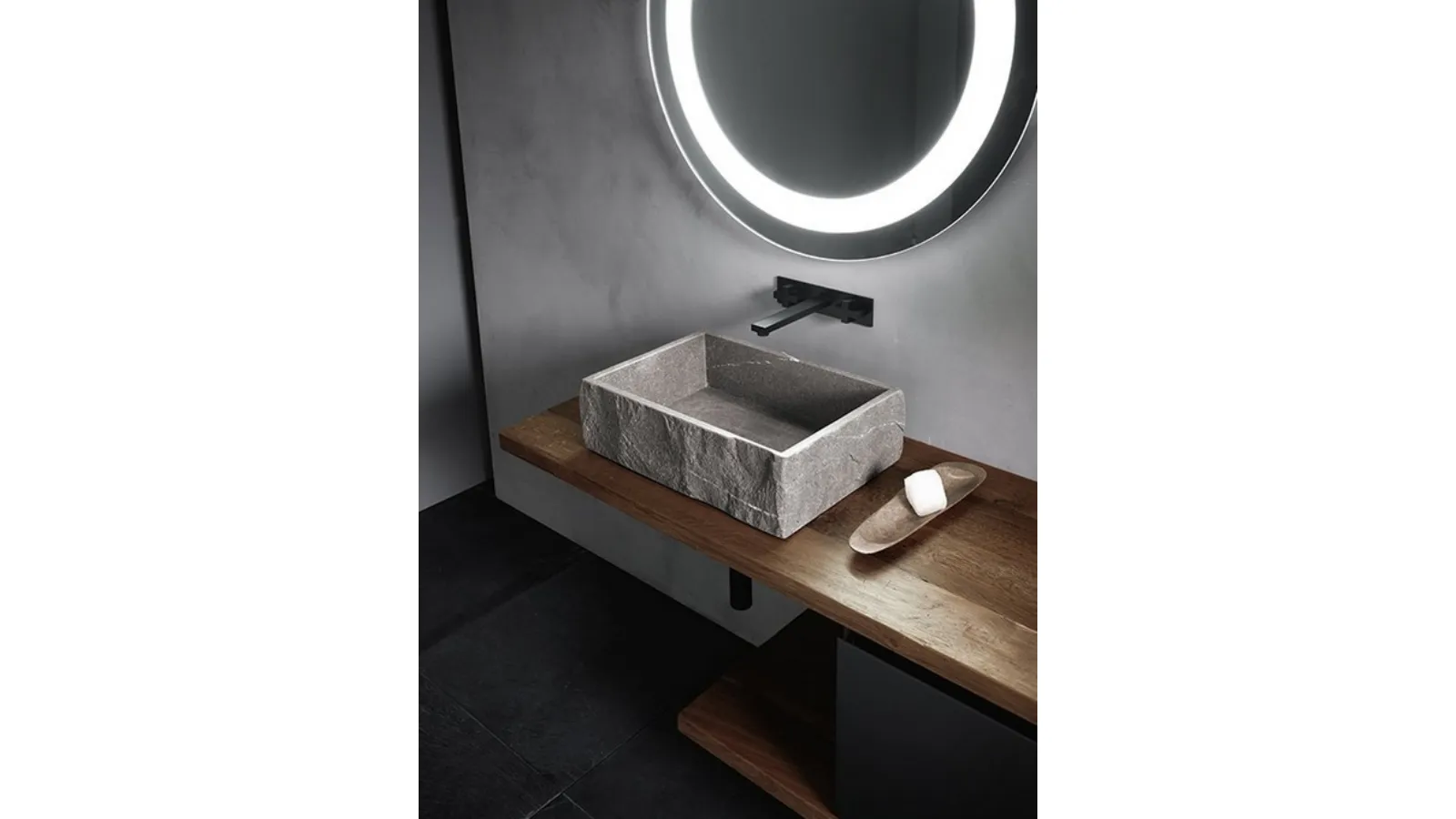 Mobile da Bagno sospeso in rovere e laccato opaco con lavabo in pietra Piasentina INK NK16 di Compab