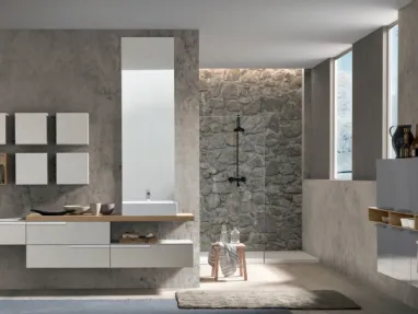 Mobile da Bagno sospeso M System C007 in melaminico cemento tortora con pensili laccati di Baxar