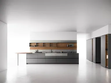 Cucina Moderna con penisola Anice 02 in laccato opaco Piombo e Noce classico con top in Laminam Pietra Piasentina di Valdesign