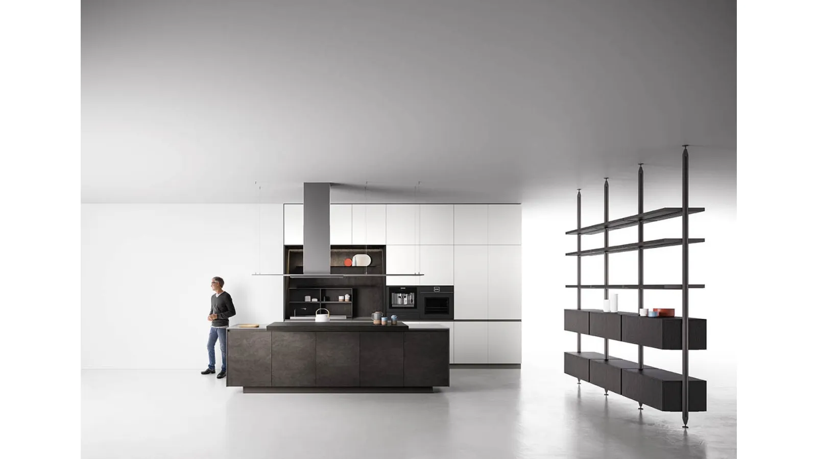 Cucina Moderna con isola finitura Nobilitato Rasato Fumè e laccato opaco Neve con top in acciaio Anice 04 di Valdesign