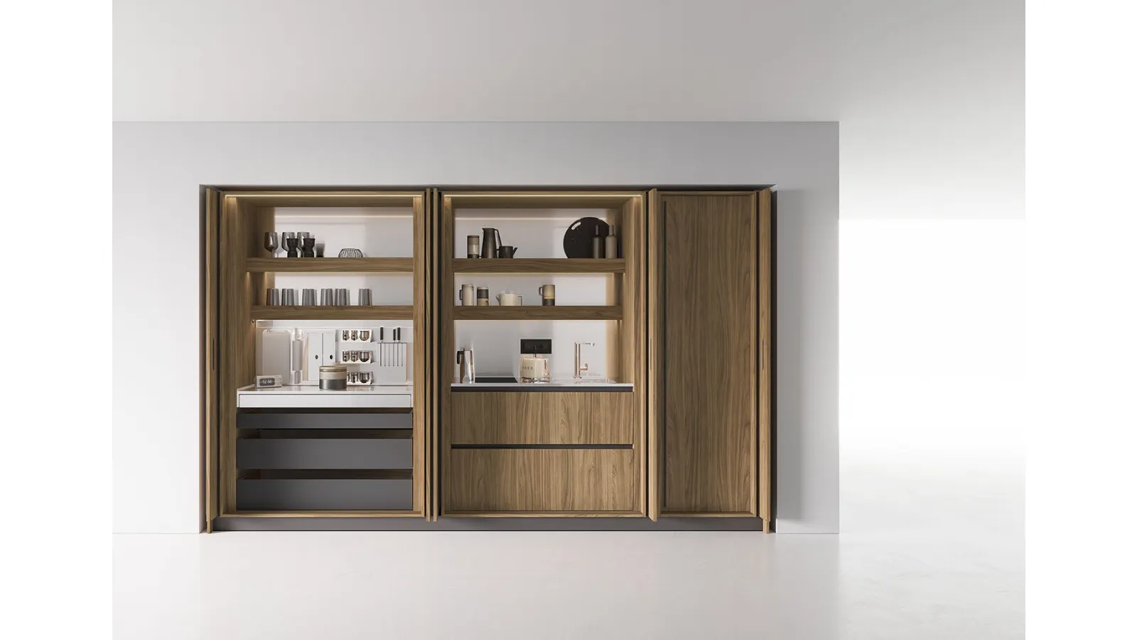 Cucina Moderna lineare Ante Rientranti 01 in noce naturale di Valdesign