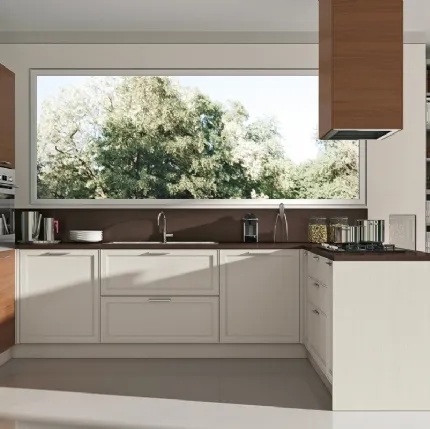 Cucina Moderna con penisola bicolore in laccato bianco opaco e legno naturale Melograno composizione 5 di Le Fablier