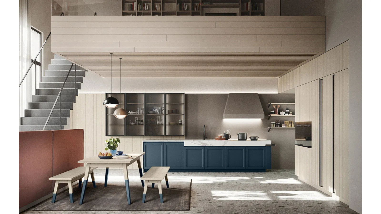 Cucina Moderna lineare in legno finitura Denim con top in HPL Calacatta Maestrale M06 di Scandola