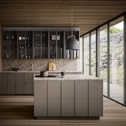 Cucina Moderna Maggiorana finitura laccato Fango Opaco con top in Marmo Emperador opaco di Valdesign