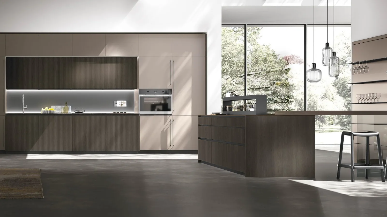 Cucina Moderna con isola Metropolis v01 in Termo Strutturato Rovere Conero Riga e Pet Metal Acciaio di Stosa