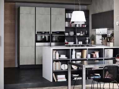 Cucina Moderna con penisola Oyster 08 in melaminico Beton Grigio e laccato Ardesia di Veneta Cucine