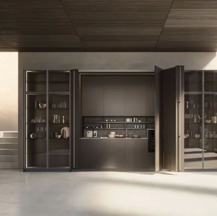 Cucina Moderna lineare a scomparsa in laccato con ante in rovere carbone Sesamo 02 di Valdesign