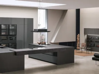 Cucina Moderna con doppia isola Aliant v01 in vetro lucido Lava e Neolith Basalt Black Satin con top in HPL Ossido di Stosa