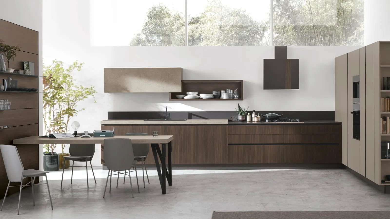 Cucina Moderna ad angolo Infinity v01 in Termo Strutturato Rovere Cumino e Graniglia di Stosa